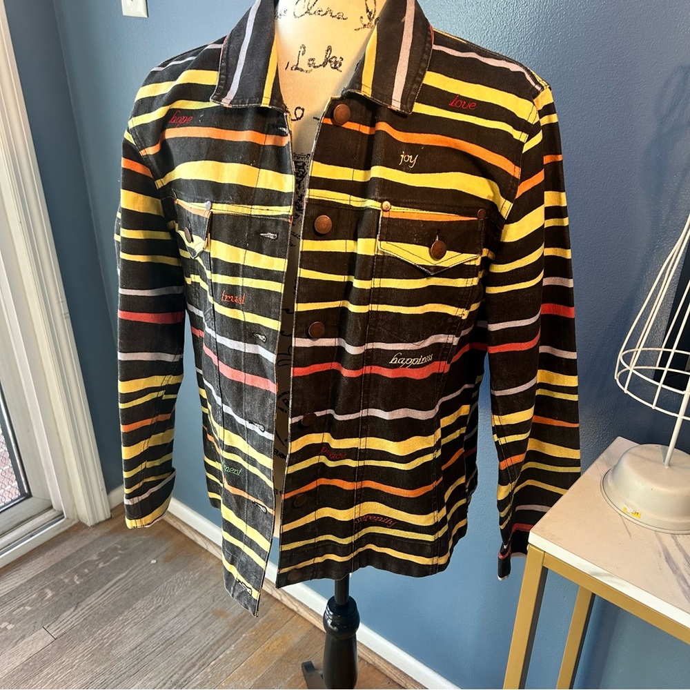 Multiples striped inspirational jean jacket